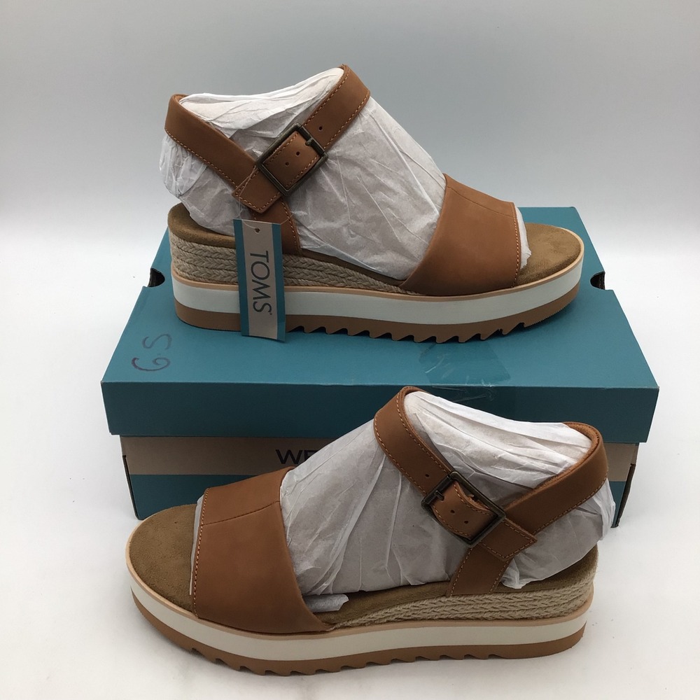 TOMS Diana Tan Leather Platform Wedge Sandals 10019757 Womens Size 9.5 NEW